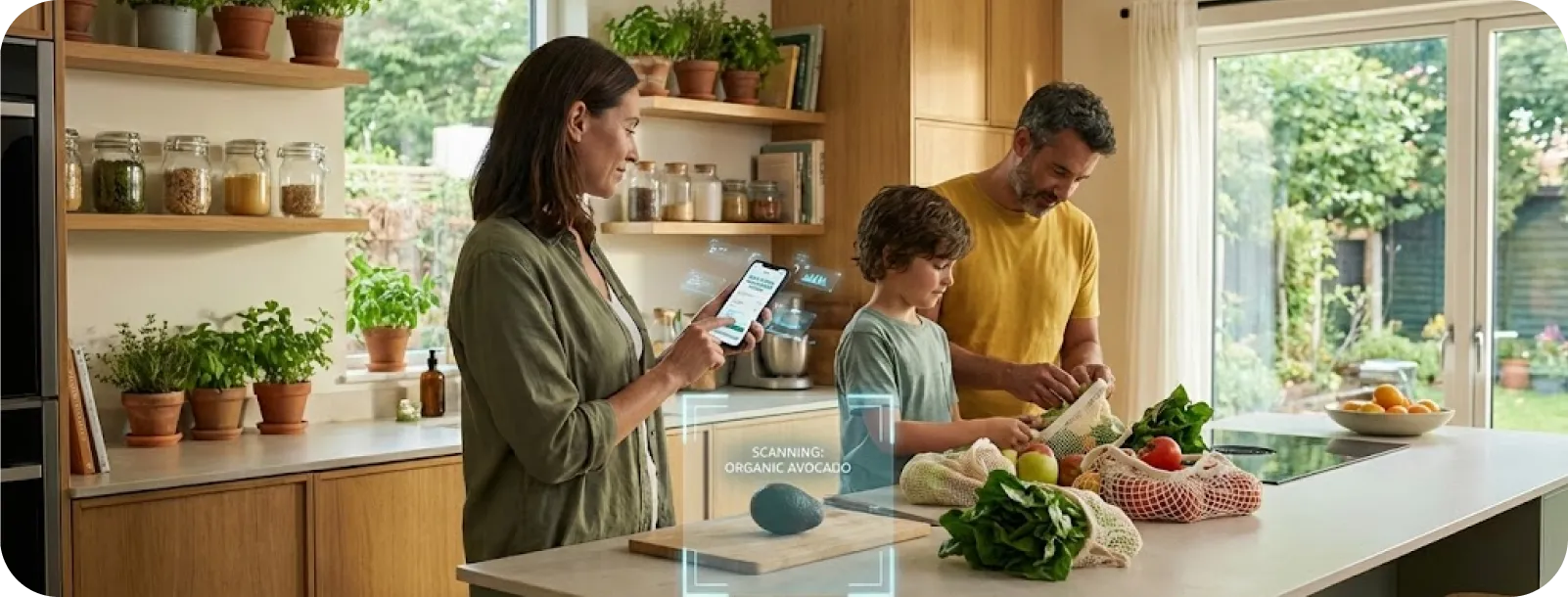 Family managing groceries in a modern kitchen to reduce food waste